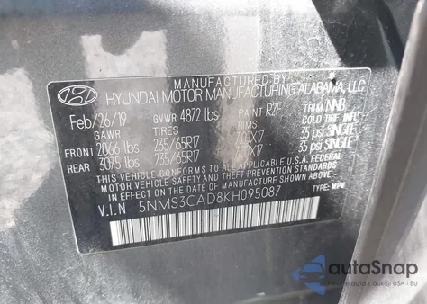 2019 Hyundai Santa Fe Sel из США, поврежденный, VIN 5NMS3CAD8KH095087